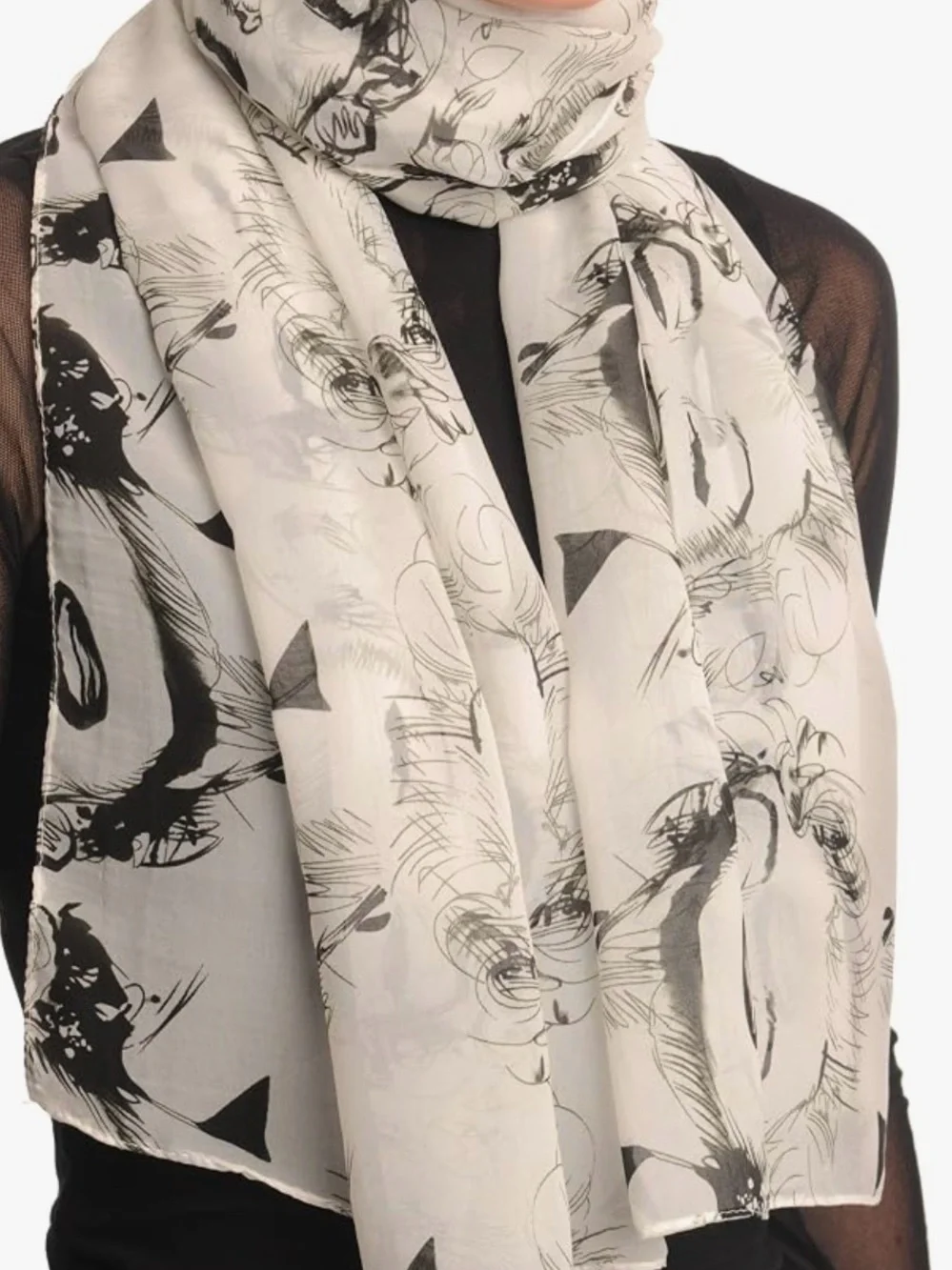 Black & White Floral Sketch Scarf - Women's Lightweight Wrap
